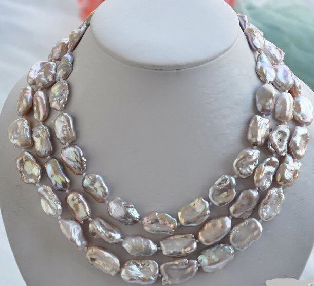 

Free Shipping ***Hot sale >>3row 20mm LAVENDER BAROQUE KESHI REBORN biwa PEARL NECKLACE