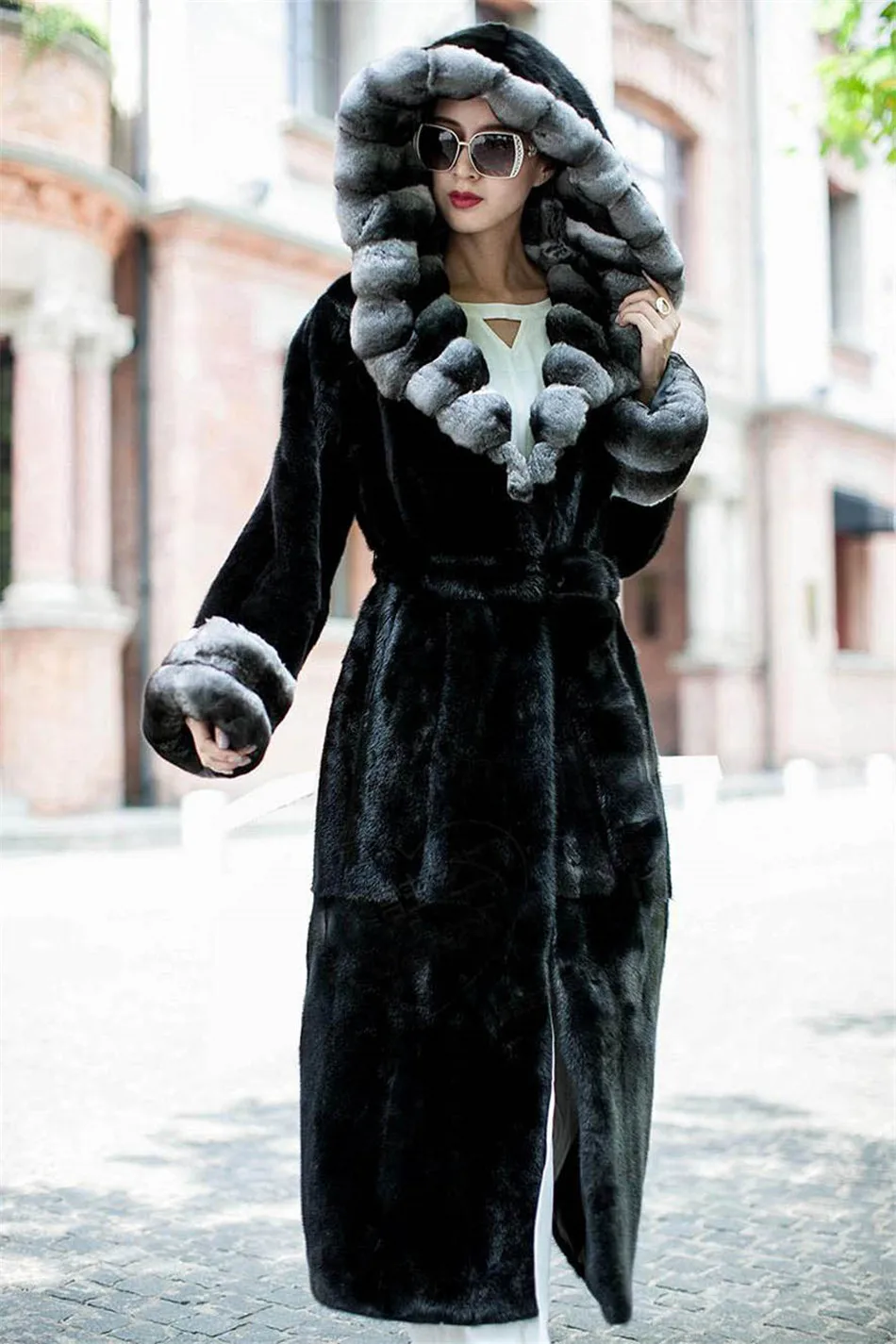 120cm High Quality Chinchilla Fur Coats For Women Rex Rabbit Fur
