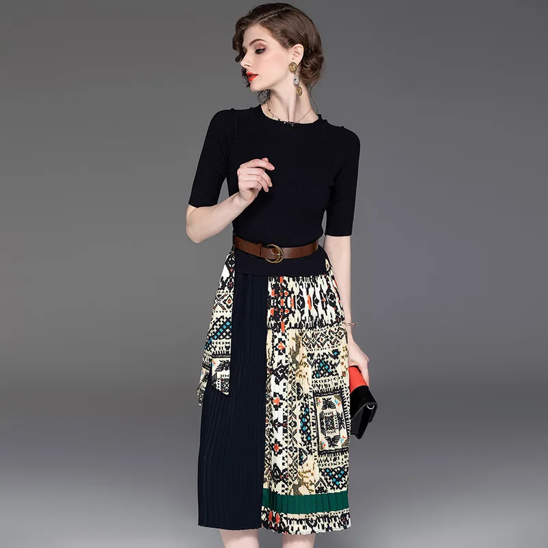 

Dress Woman Fashion Knitting Patchwork High quality Designer 2019 Spring Summer Vintage Printing Slim Elegant Pleated Dress