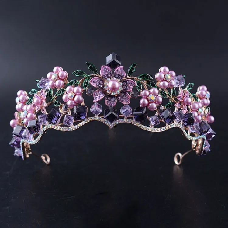 Baroque Purple Crystal Pearl Bridal Crown Tiara Rhinestone Diadem Bride Headband Wedding Hair Accessories hair accessory,hair headdress,bridal headwear,hair band crown,jewelry accessories