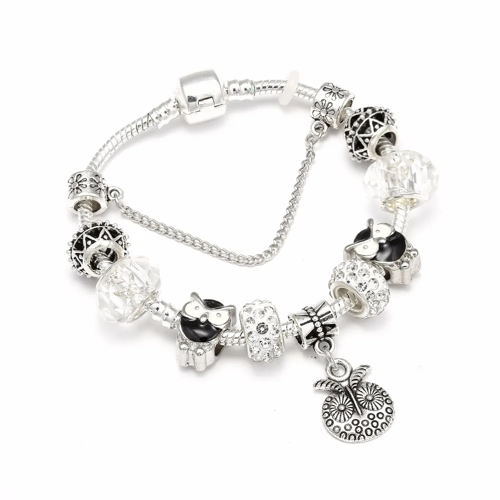 

New Design Silver Lucky Charm Bracelet & Bangle with Owl Charms White Crystal Ball Pandora Bracelet For Women Wedding Jewelry