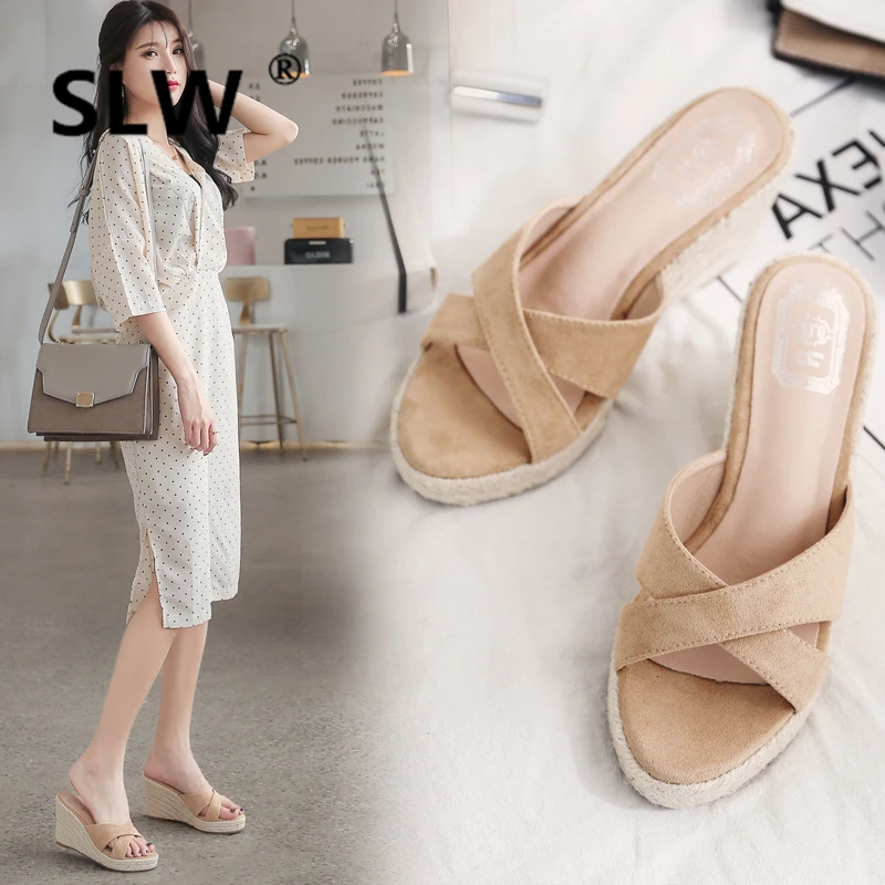 

Shoes On A Wedge Slides Cross-tied Ladies Flip Flops Women's Slippers 2019 Heeled Mules Flock Sliders Luxury