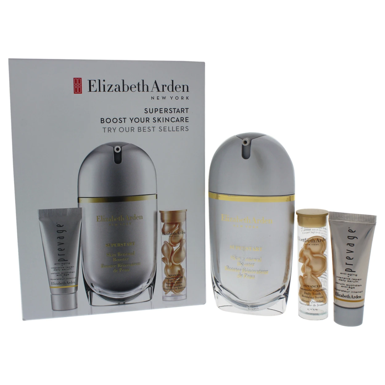 Superstart Boost Your Skincare Set by Elizabeth Arden for Women - 3 Pc Set 1oz Superstart Skin Renewal Booster, 0.17oz Prevage Anti-Aging + Intensive Repair Daily Serum, 7caps Advanced Ceramide Capsules Daily Youth Restoring Serum
