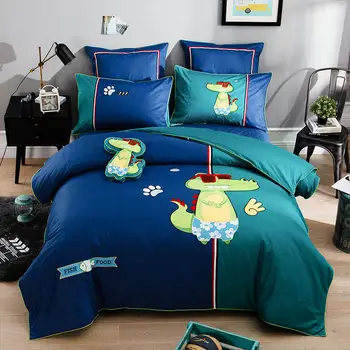 

New Luxury embroidery Bedding Set Cotton Duvet Cover Dinosaur cartoon Bedlinen Pillowcase 4Pcs twin Queen size Bedsheet linen se