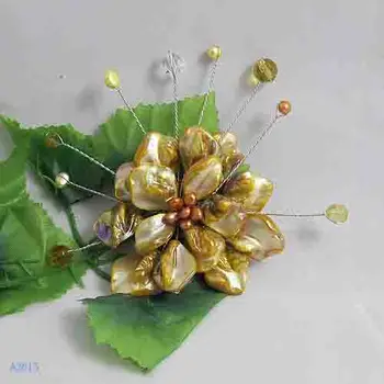 

Unique Pearls jewellery Store,Handmade Natural Freshwate Pearl Real Shell Crystal Beads Brooch,Yellow Color Flower Brooches