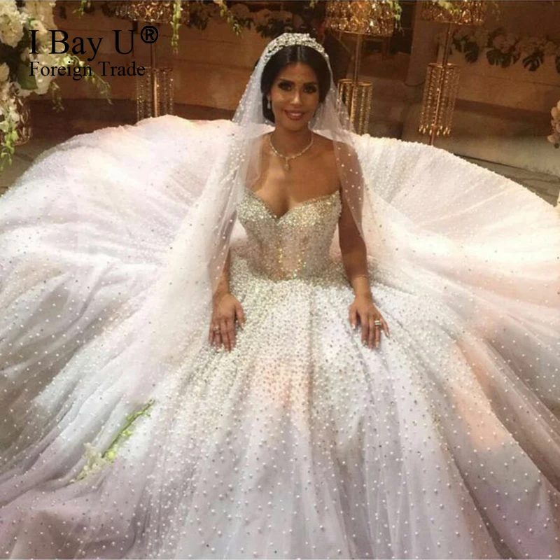 Robe De Mariage Последние Моды Милая Полные Жемчуг Свадебное Платье Vestido Де Noiva принцесса Кристалл Свадебные Платья