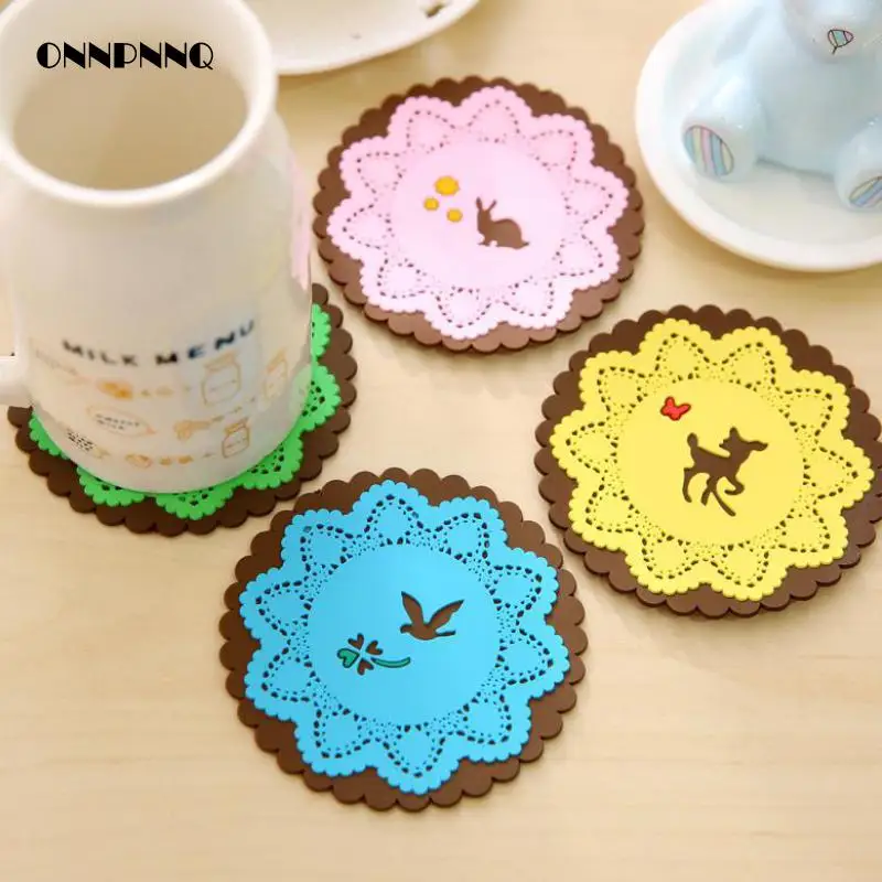 

Kawaii Animal Lace Table Drink Coaster Table-mat Cute Cartoon Insulation Placemat Bowl Pad Silicone Placemats Table Pad