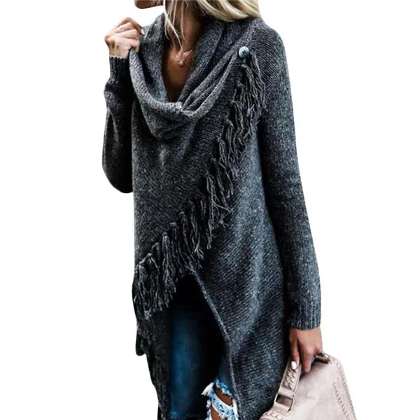 Шаль с бахромой пончо кардиган Модный женский вязаный зимний теплый свитер длинный рукав негабаритное трикотажное пальто - Цвет: Темно-серый
