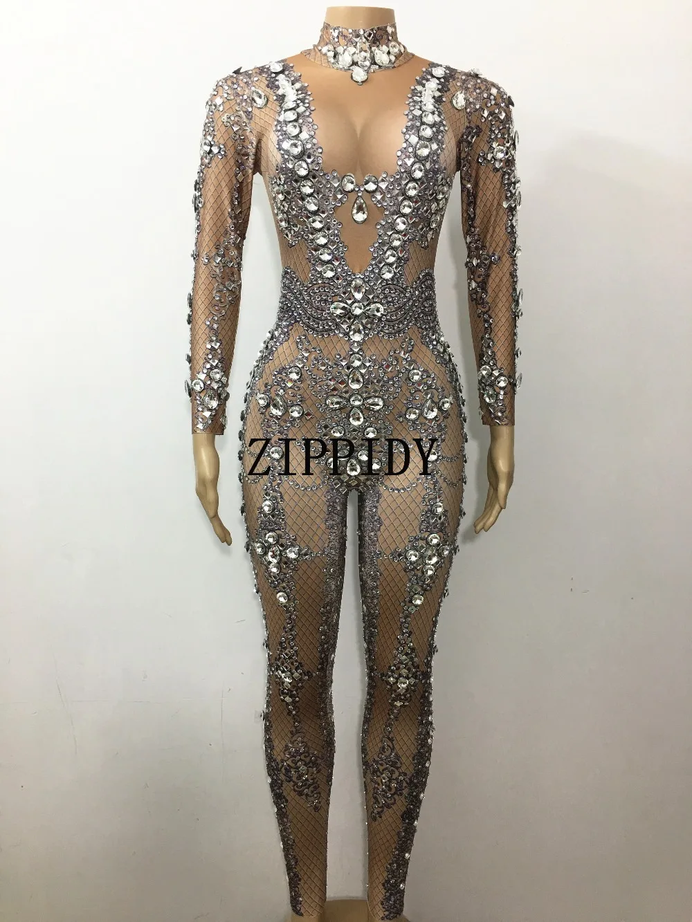 Silver Sparkly Crystals Jumpsuits long Sleeves Big Stones Bodysuit
