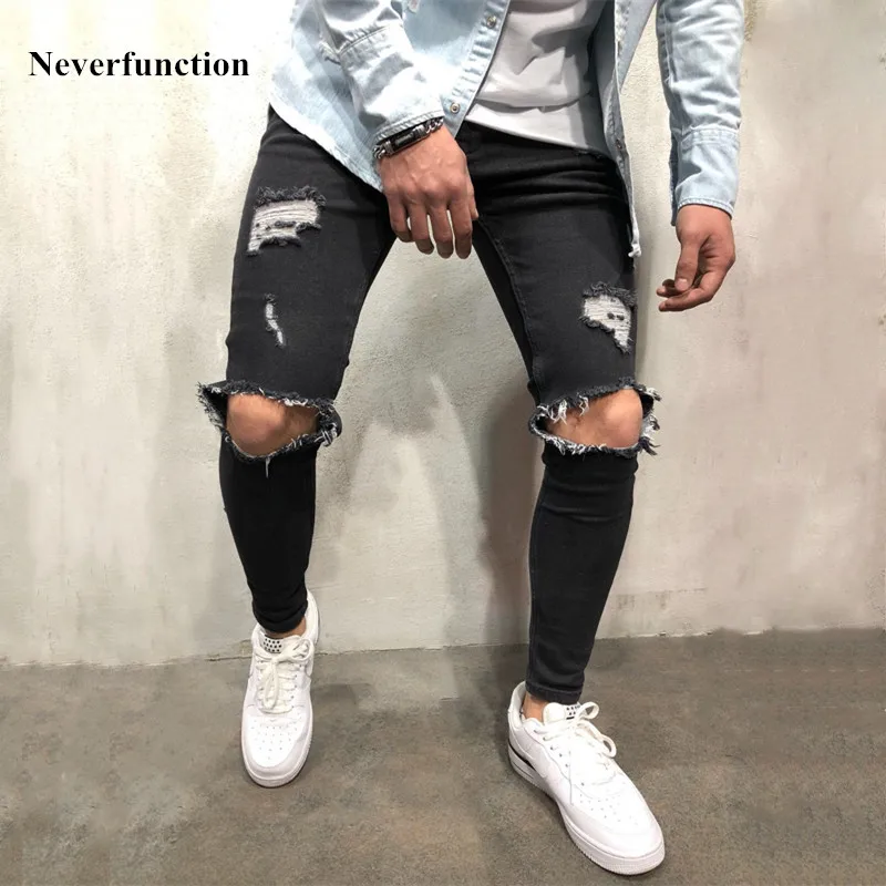 

High quality stretch men Knee Ripped Skinny jeans urban clothing punk korean blue black denim designer distressed Joggers Pants