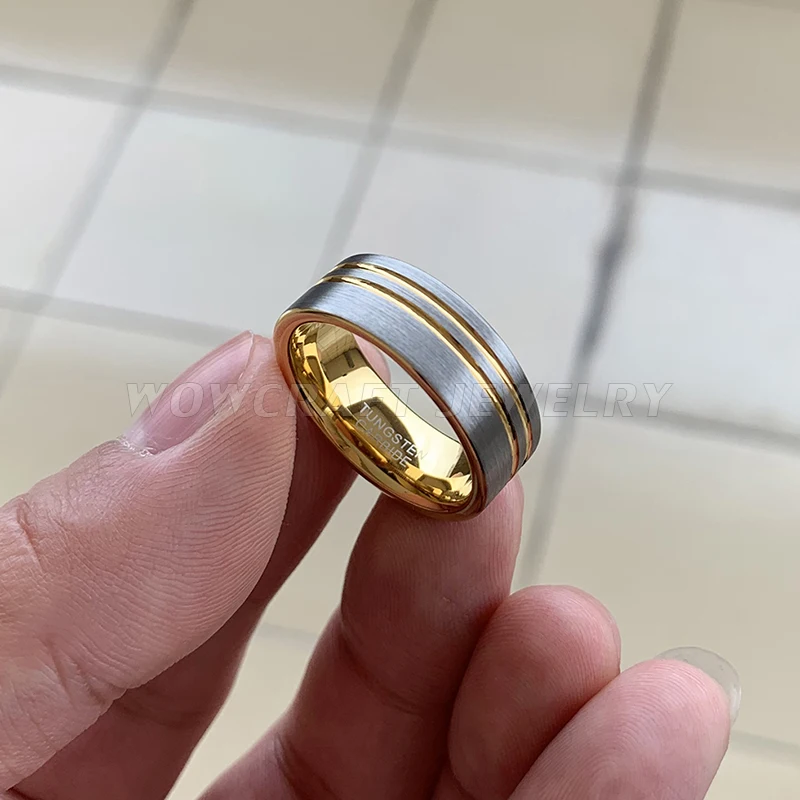 6mm 8mm Womens Mens Tungsten Carbide Wedding Band Rings Gold Flat Grooved Matte Brushed Finish Comfort Fit Personal Customize