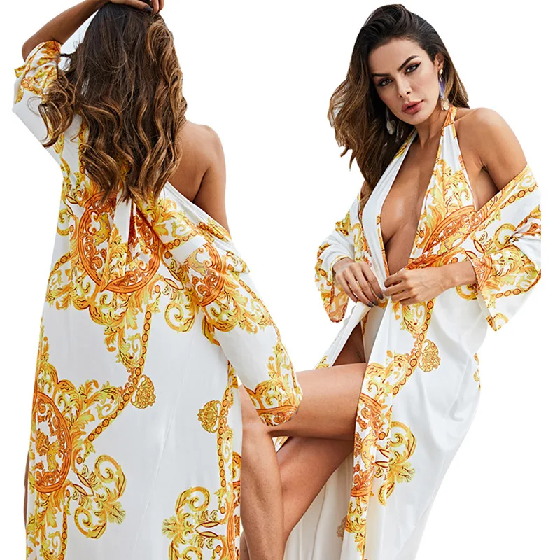 

Summer Clothes for Women Beach Sunscreen Jumpsuits Sexy Print Cloak and Bikini Jumpsuit Women Swimsuit Two Piece Set