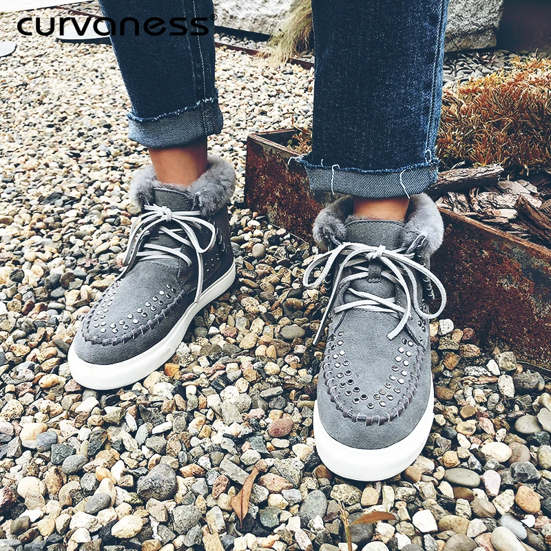 Coton Rivets Ronde Chaussures Femmes Courtes Tête gris Neige Bottes En Chaud Curvaness Laine marron Plat Noir Tube Bretelles De Cuir Mode qtAXa