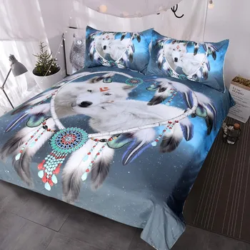 

Wolf Dream Catcher Bedding 3 Piece White Wolves Bed Set Blue Galaxy Wolf Couple Duvet Cover