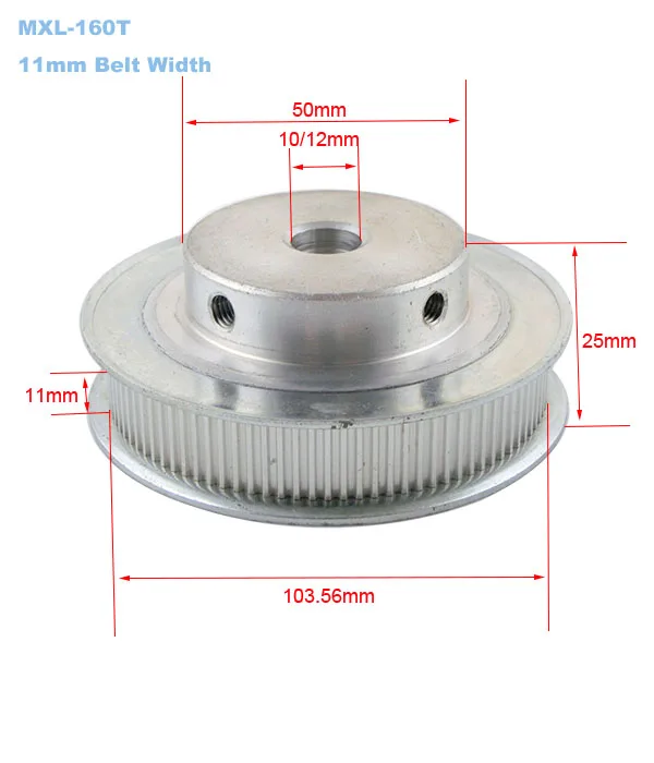 160 T MXL типа шкив синхронизации 10/12 мм внутренний диаметр 160 зубы 11 мм ремень Ширина 2,032 мм Шаг Алюминий сплав синхронные ременные Шкивы