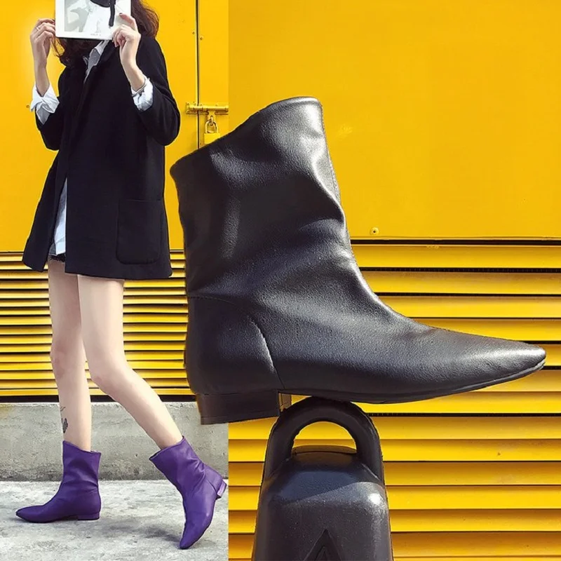 

2019 Spring Autumn ankle boots for women pointed toe Orange Beige Purple Leather low heel slip on short boots bota feminina