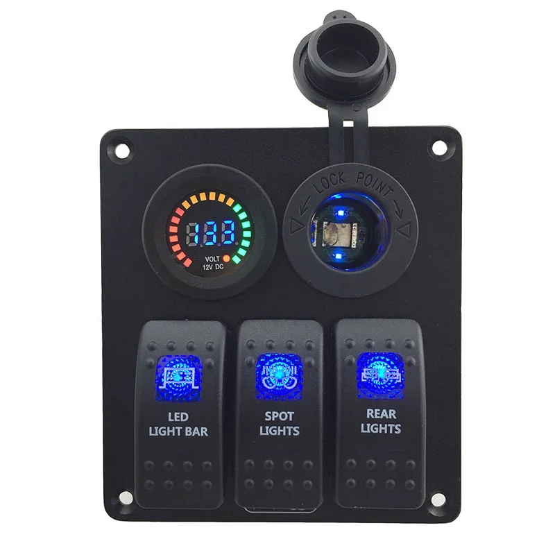 

New Waterproof DC 12V 3 Gang Blue Rocker Switch Panel with DC 12V Voltmeter Power Charger Socket for Marine Boat Car RV
