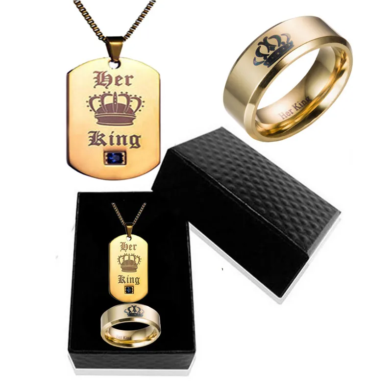 Его королева ее король пара из нержавеющей стали кристаллическое Очаровательное ожерелье кольцо для мужчин акриловый браслет коробка