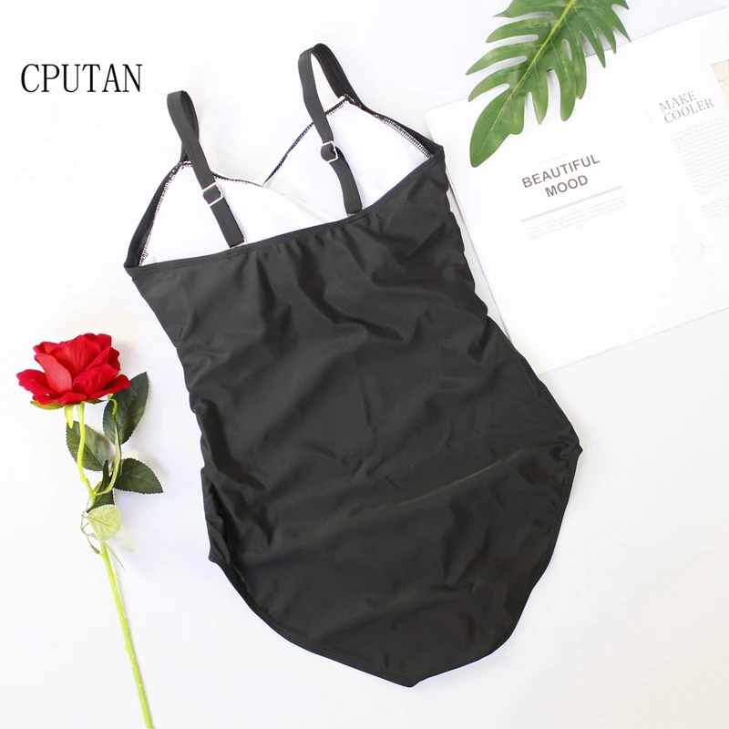 CPUTAN 2020 Women Sexy Retro Black Print Push Up Tankini Swimwear One Piece Swimsuit Female Bathing Suit Plus Size Monokini