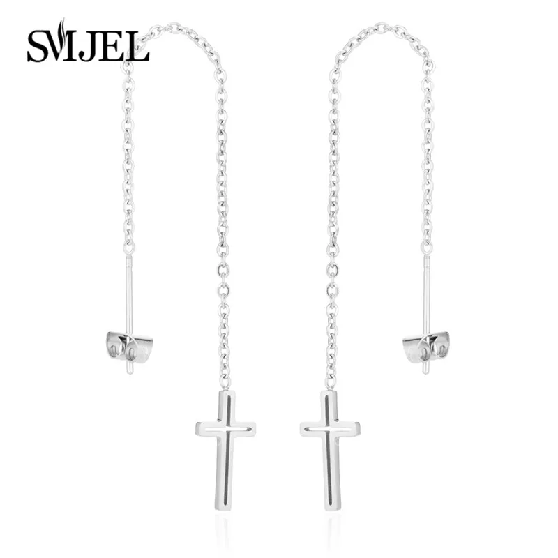 Silver Cross GED173 SMJEL, круглые висячие серьги из нержавеющей стали, женские круглые нитевидные серьги, длинные серьги, цепочка, модные серьги, ювелирное изделие - Окраска металла: Silver Cross GED173