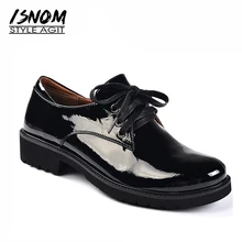 ISNOM/женские оксфорды из лакированной кожи на плоской подошве со шнуровкой; обувь с круглым носком; модная модельная обувь на платформе; женская нейтральная обувь