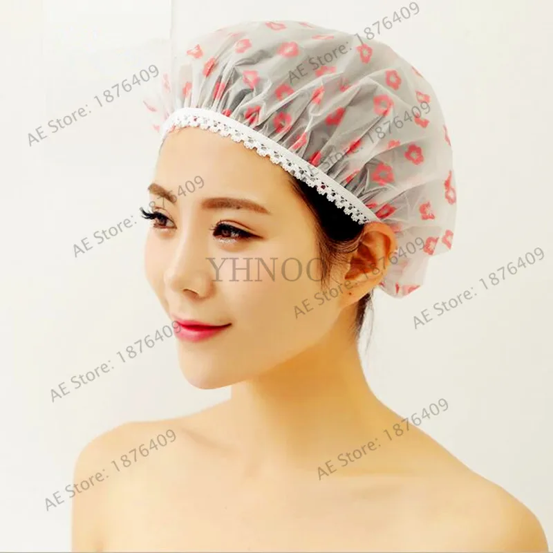 1pcs/bag Plastic woman Shower Caps Cartoon Print Waterproof Elastic