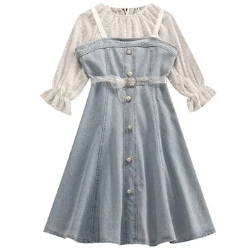 

2020 Spring New Arrival Korean Style Chiffon Shirt + Denim Suspension Dress With Sash & Buttons 2 Piece Set Women Free Shipping