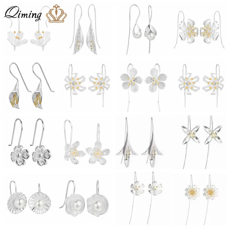 

Fashion Long Flower Boho Earrings For Women Pearl Floral Silver Bride Wedding Jewelry Brincos Statement Trendy Drop Earring Gift