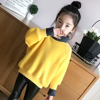 

Girls 4-12 Years Casual Fleece Long Sleeve Hoodless Tee Top Solid Color Fashion Patchwork Turtleneck Loose Warm Hoodies