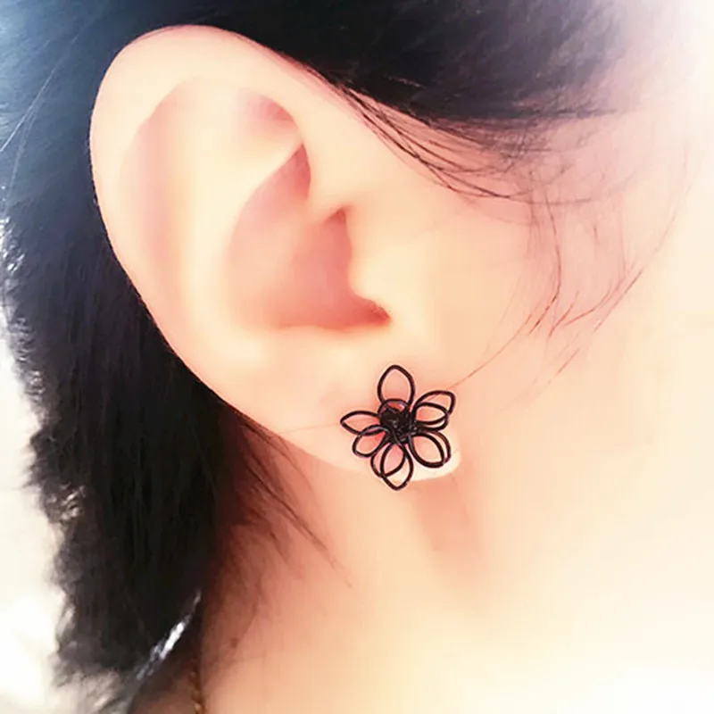 

Elegant Charming Small Gold Ball Black Plum Flower Double Sides Stud Earring Prom Wedding Pressent