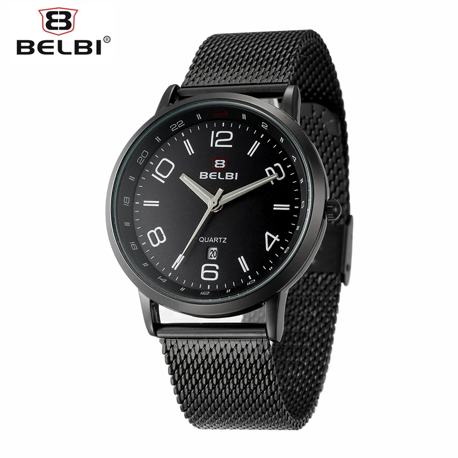 

BELBI Steel Mesh Men Watch Top Brand Luxury Calendar Quartz Mens Watches Waterproof New Fashion Sport Black Male Wristwatch 2017