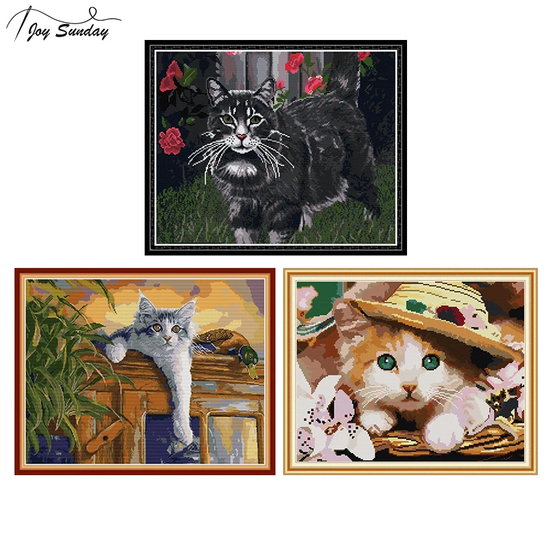 

Joy Sunday Stamped Cross Stitch Kits Cat Patterns Aida Fabric 14ct 11ct DMC Printed on Canvas Embroidery Kit DIY Needlework Sets