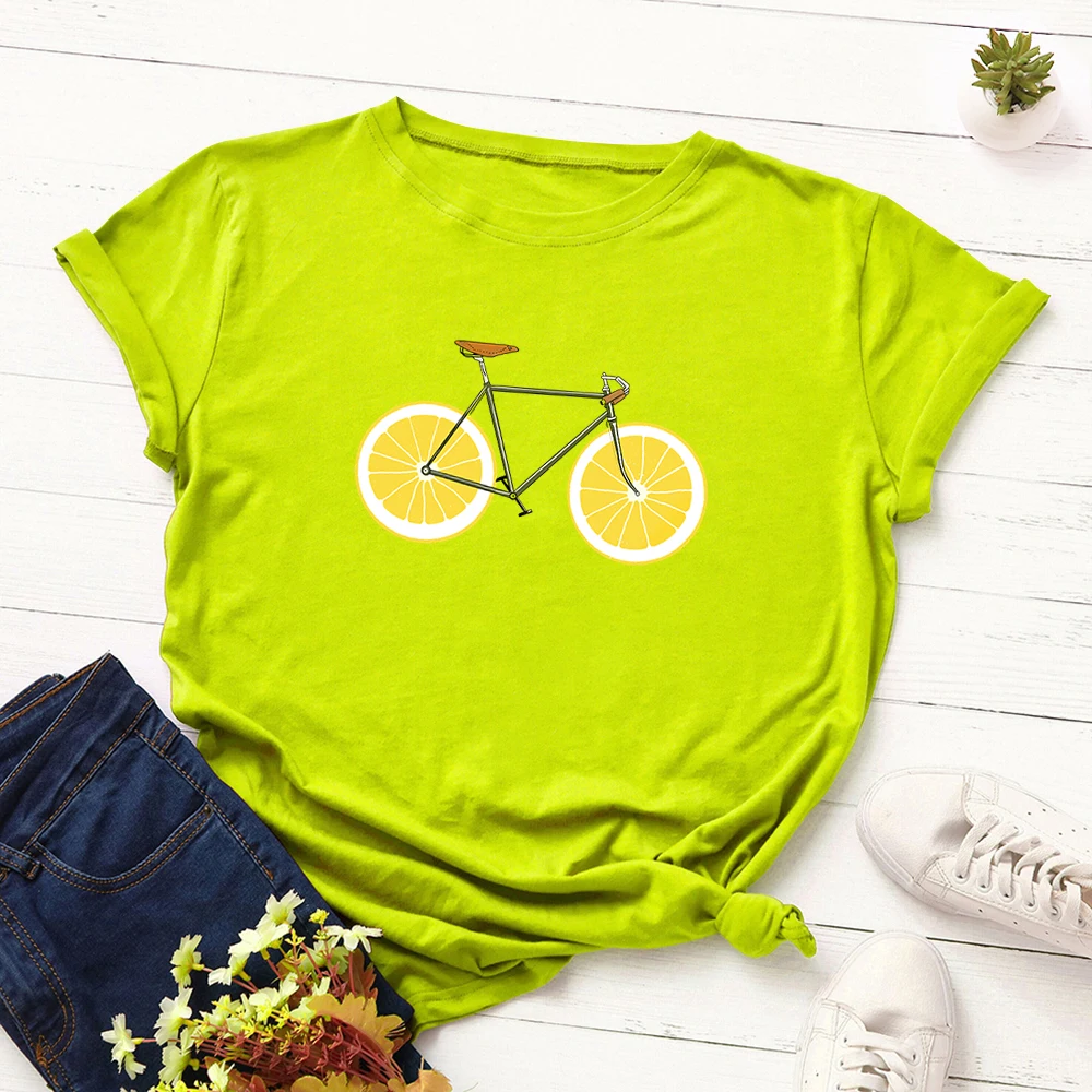 Женские футболки с графическим принтом размера плюс, хлопок, футболка с принтом велосипеда, топы с коротким рукавом, летние футболки для девочек, женская одежда - Цвет: Flu Green