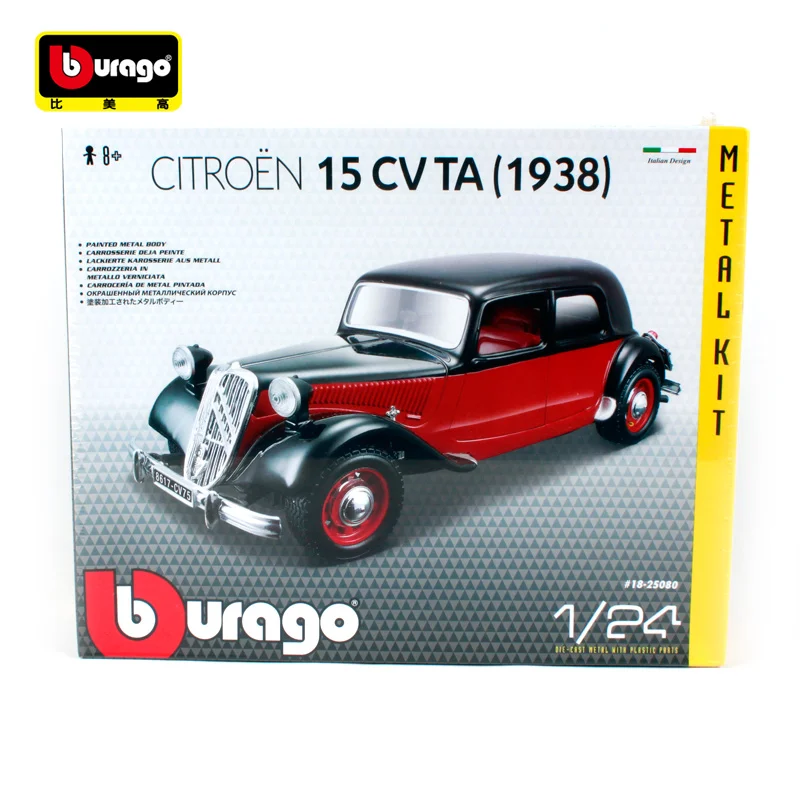 Bburago 1:24 1938 CITROEN 15 CV TA черный красный Сборный DIY гоночный литой под давлением модельный Комплект комплекты игрушечных автомобилей в коробке 25080