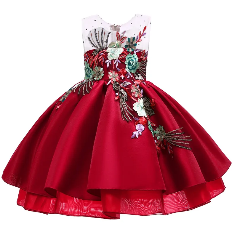 

High quality embroidery wine red elegant Girls party evening dress for girls Children Wedding Flower print Kids Dresses