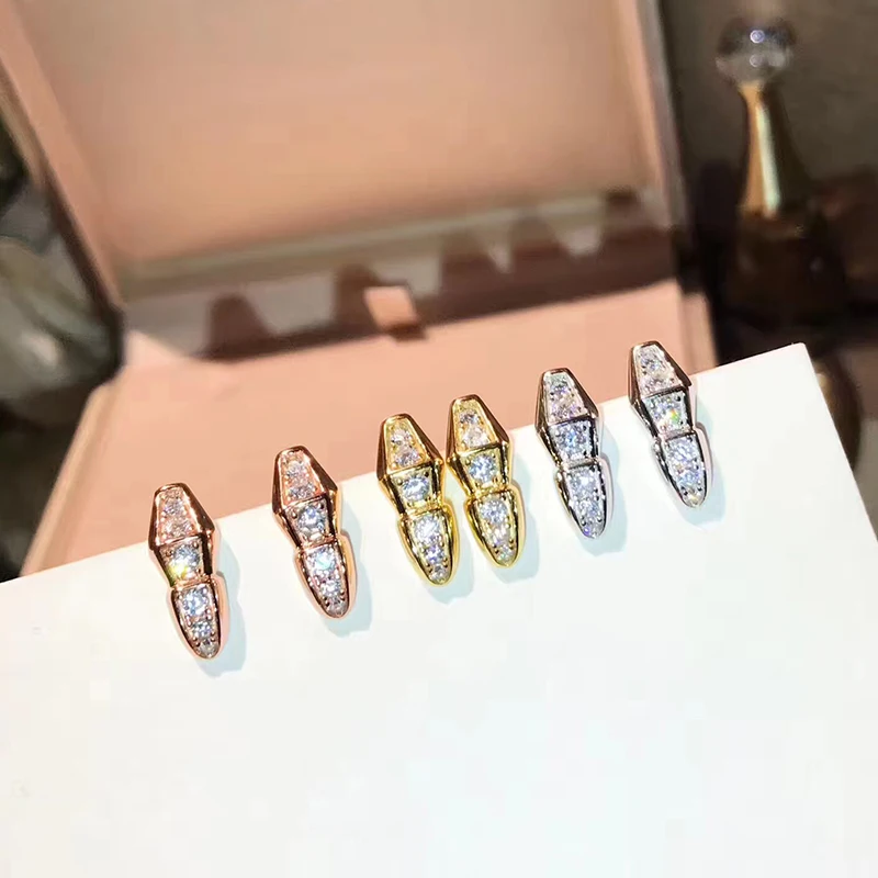 Brand Pure 925 Sterling Silver Jewelry For Women Small Snake Earrings Design Earrings Gold Color Stud Earrings Party Jewelry gold small triangle stud earrings