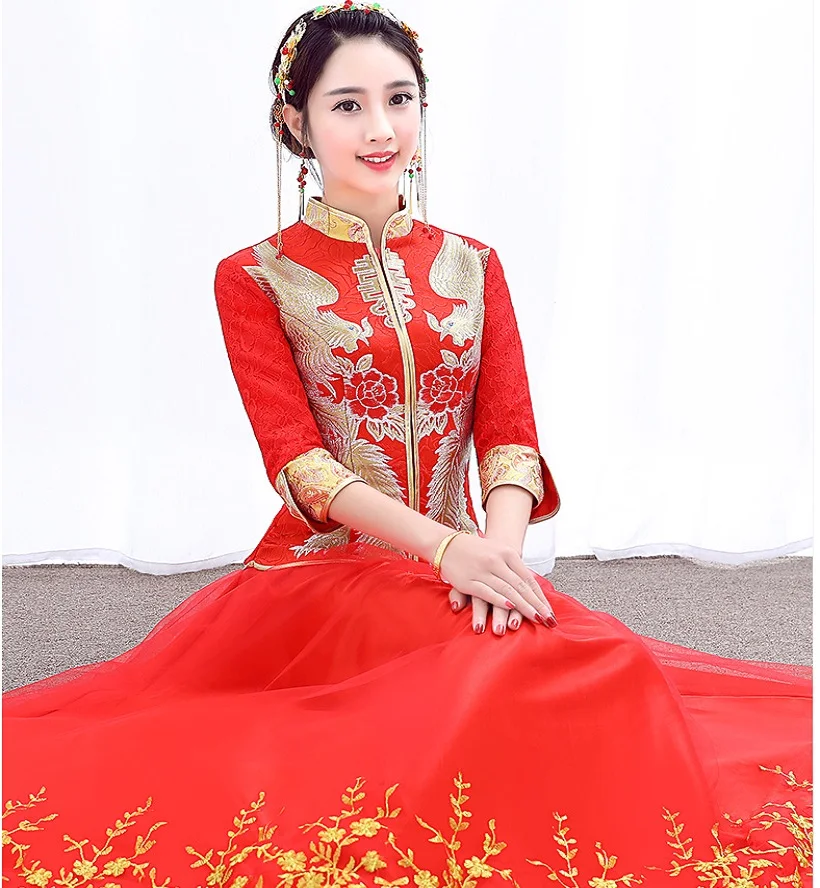Китайский Винтаж Стиль невесты торжественное платье Красный Одежда для свадьбы Сю он тост китайский Cheongsam показать тонкие летние платье с