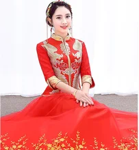 Chinese Vintage Style bride wedding dress red wedding clothes Xiu he toast Chinese cheongsam show thin summer embroidery dress