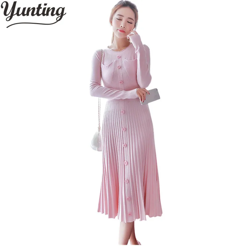

2018 Autumn korean Women Long Sweater Dress High Quality Pink Long Sleeve Button Knitting Long Sleeve Dress