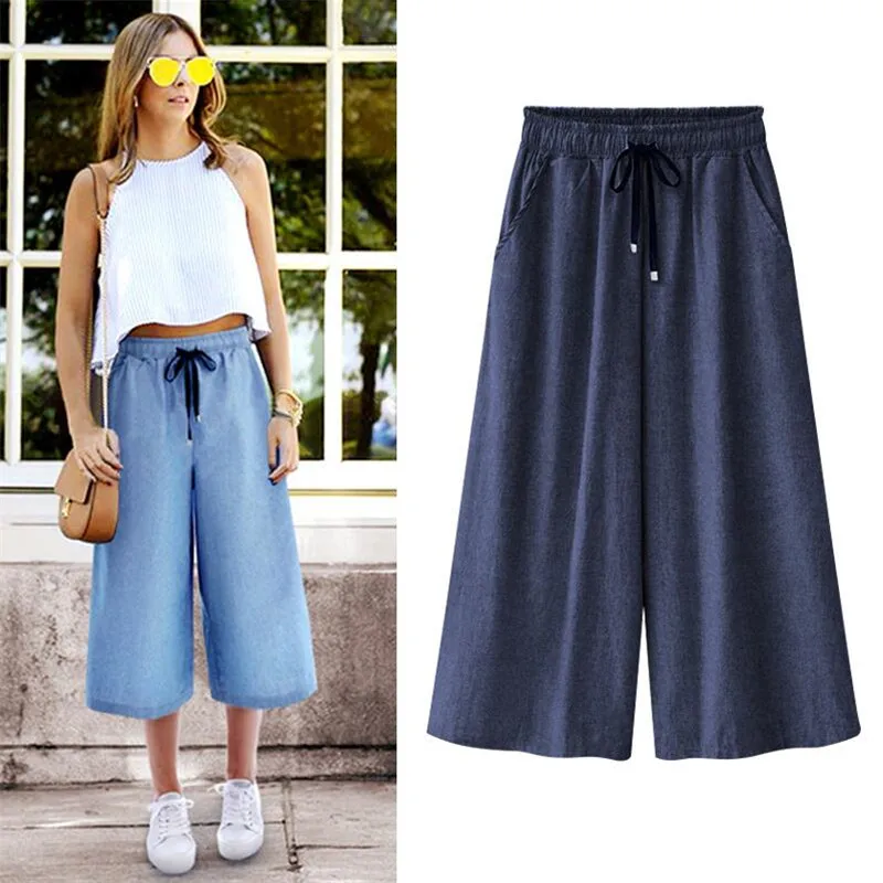 

Jeans Denims New 2019 Blue ELastic Waist Wide Leg Pants Large Size 5XL 6XL 7XL Loose Pants Summer Cool Cropped Trousers Women