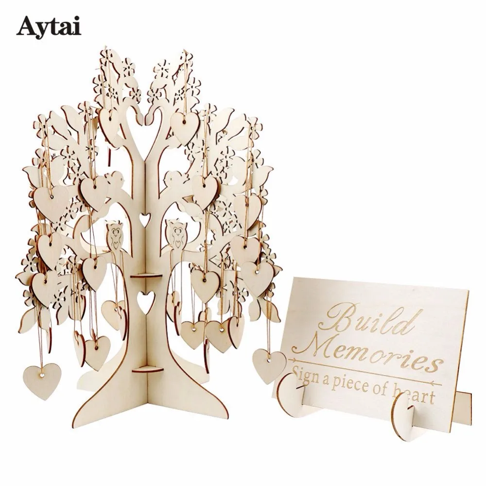 

OurWarm Wood Tree Wedding Guest Book 3D Guest Book Wishing Tree Wooden Hearts Pendant Drop Ornaments for Wedding Party Decor