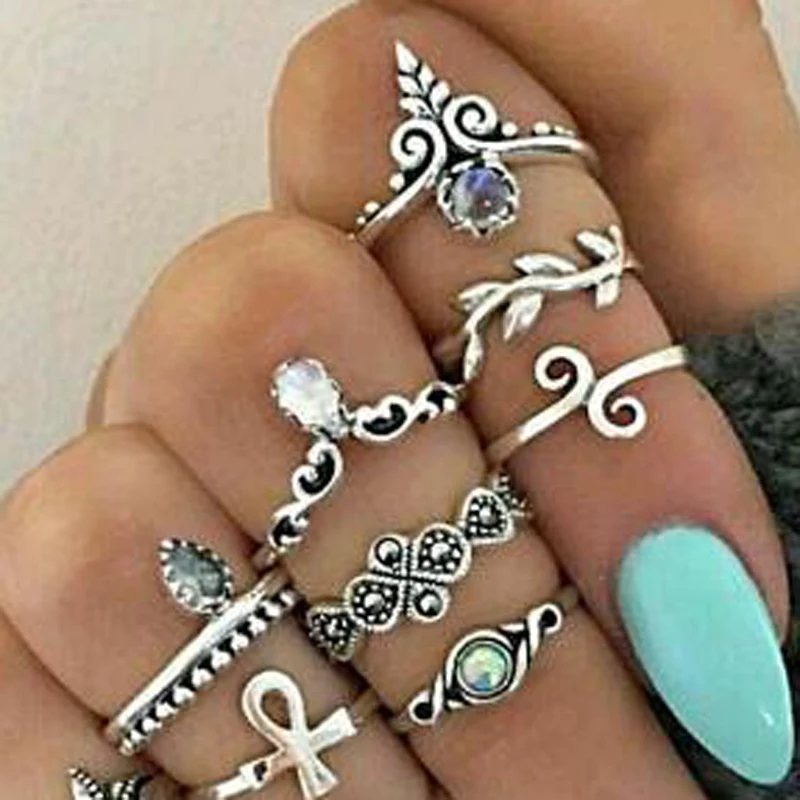 

Tocona 10pcs/Set Vintage Antique Gold Silver Tortoise Ring Sets for Women Opals Crystal Punk Animal Knuckle Rings 3884