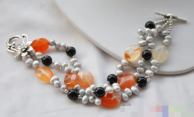 

free shippinbg 01310 3row 8" black red agate bead gray rice pearl bracelet
