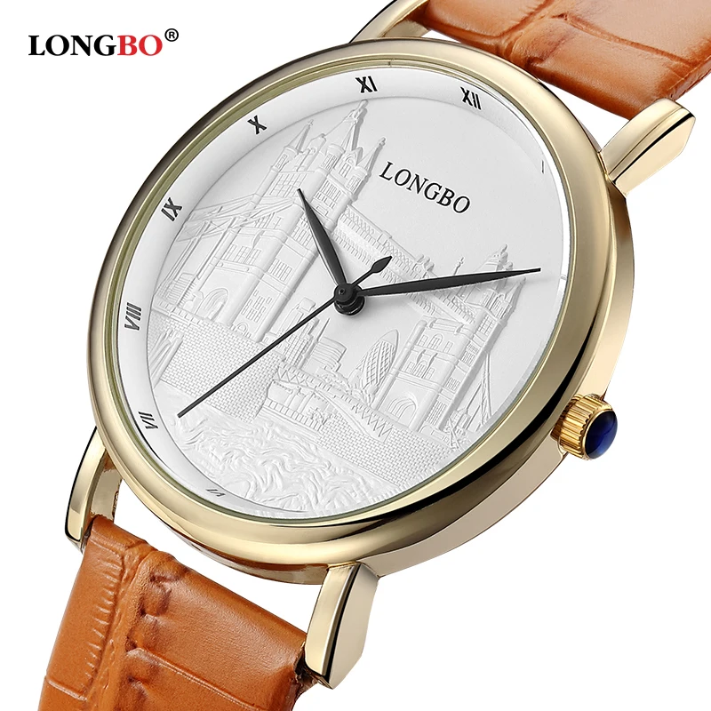 LONGBO 80035G часы для влюбленных с кожаным ремешком и циферблатом водонепроницаемые