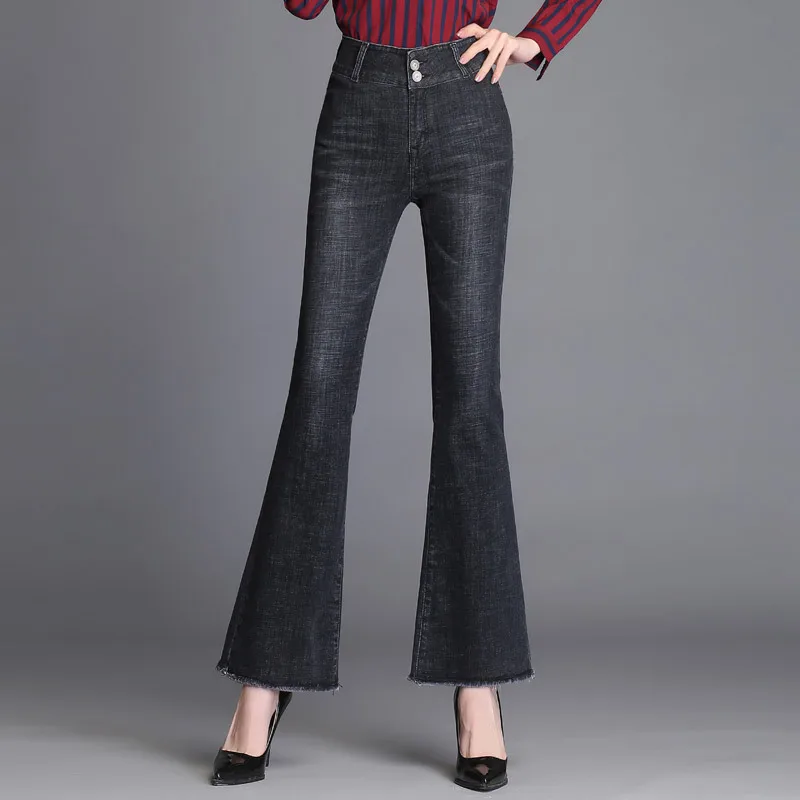 Новинка, женские осенние джинсы со средней талией, джинсы для девочек, деним, черный и синий сапог, необработанные джинсы, штаны, размер 26-32
