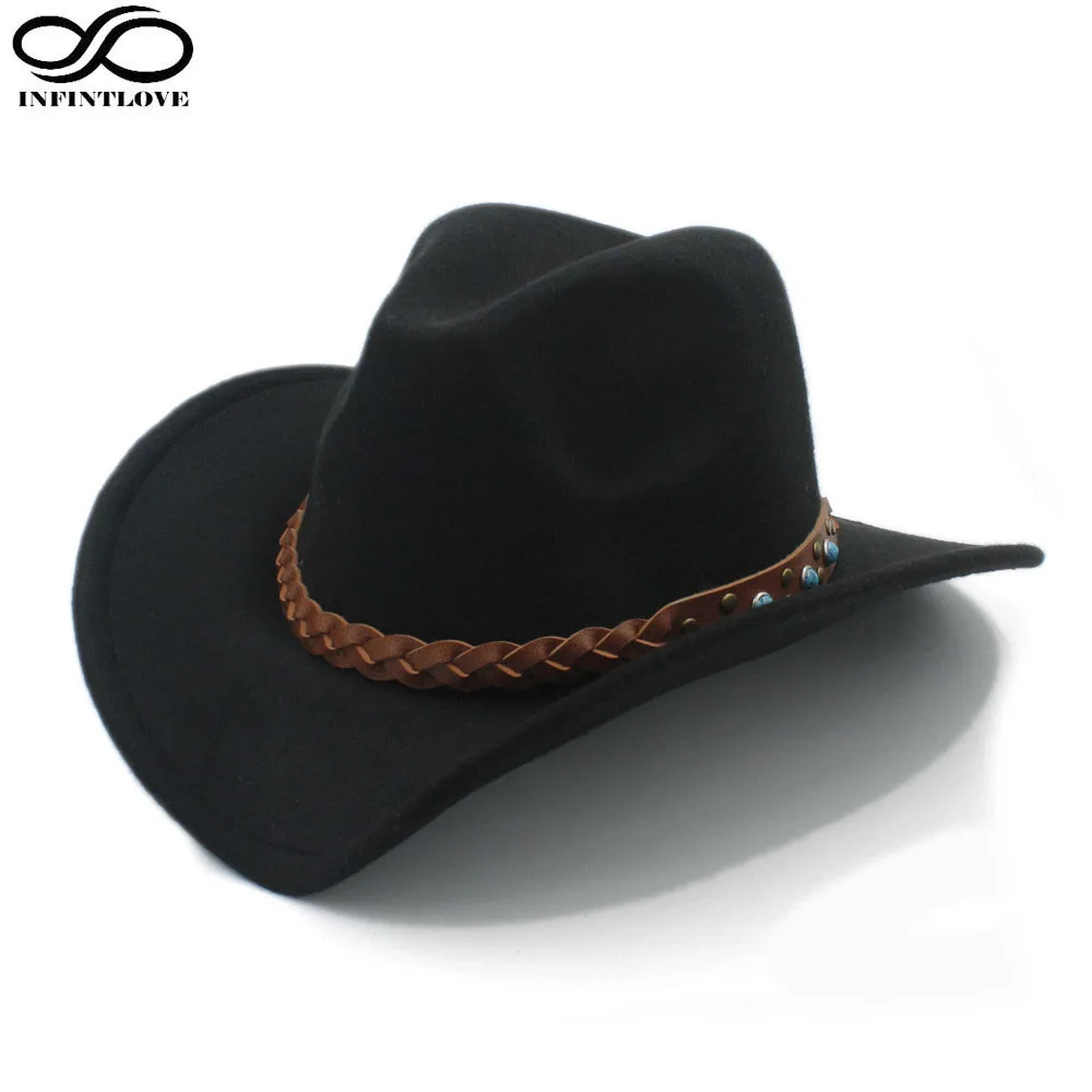 LUCKYLIANJI ковбойская шляпа из шерстяного войлока в западном стиле для детей, ковбойская шляпа с широкими полями, плетеная коса, кожаный ремешок(Размер: 54 см, отрегулируйте веревку - Цвет: Черный