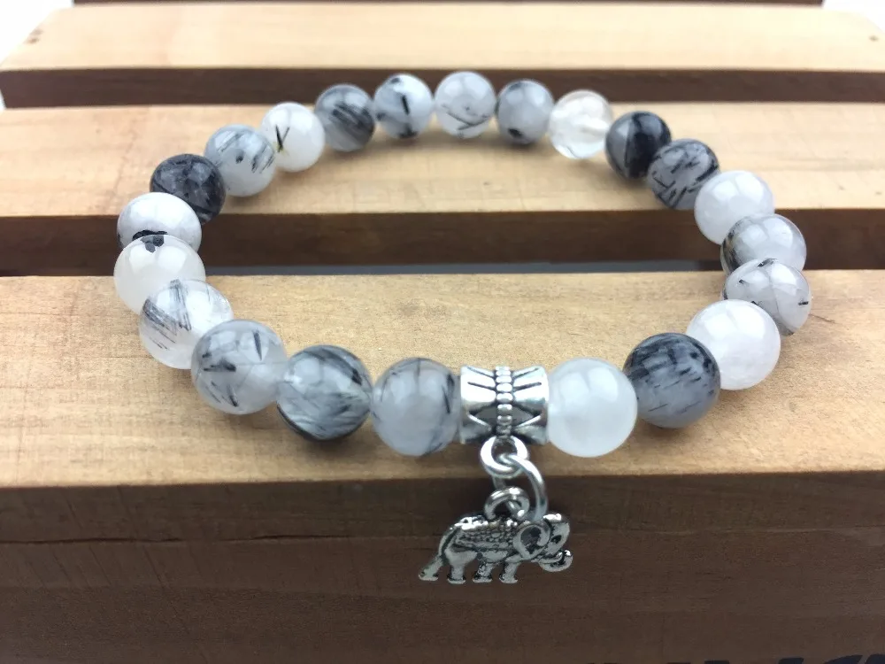 Круглый браслет из бисера натуральный камень 8 мм Rutilated Кварцевый Слон подвеска