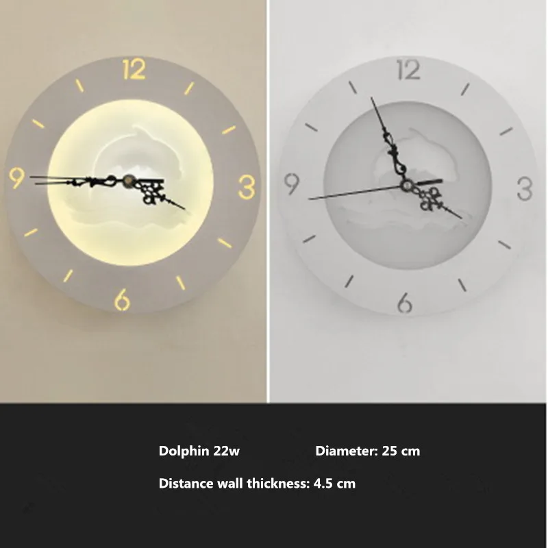 

Dolphin 25cm creative wall clock Nordic living room wall lamp bedroom study wall sconceLED wall light 22w