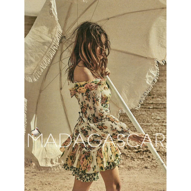 Holiday style Off-the-shoulder irregula rInterlaced folds Golden Surfer floral print cutout Leakage waist Sexy mini dress