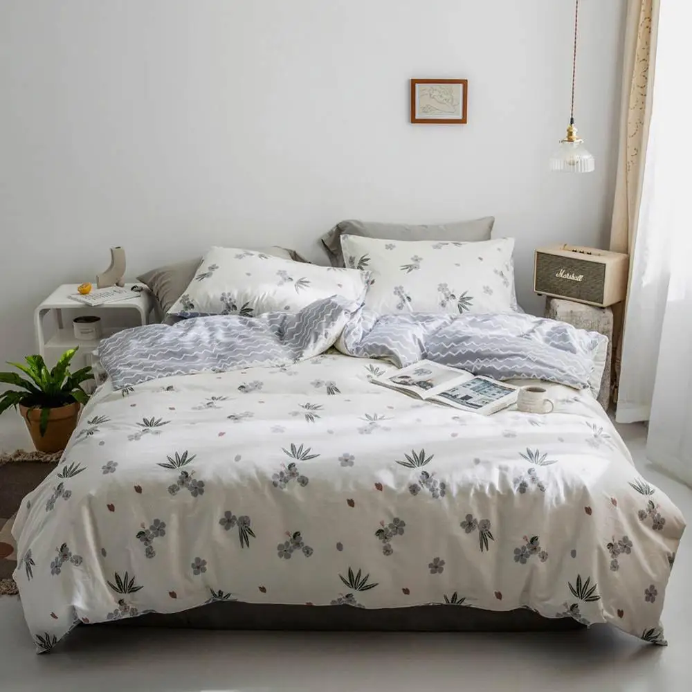 2019 INS رمادي الزهور يترك السرير غطاء لحاف مجموعة غطاء طقم سرير قطني Bedlinens التوأم الملكة الملك ورقة مسطحة شرشف